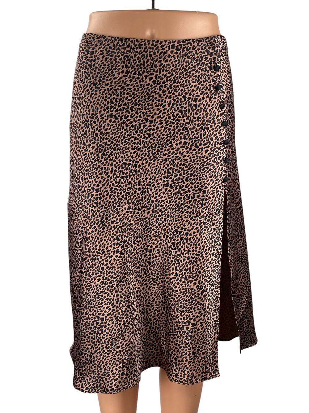 Victoria's Secret Beige Cheetah Silk Satin Side Button Midi A-Line Slip Skirt S